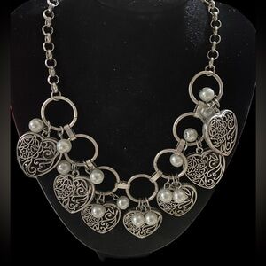 Elegant Silver Heart Necklace with Pearls